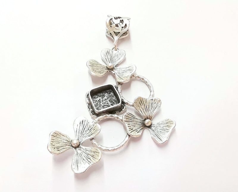 Flowers Pendant Blank Resin Bezel Mosaic Mountings Antique Silver Plated Brass (80x40mm)(10mm Bezel Size)  G19949