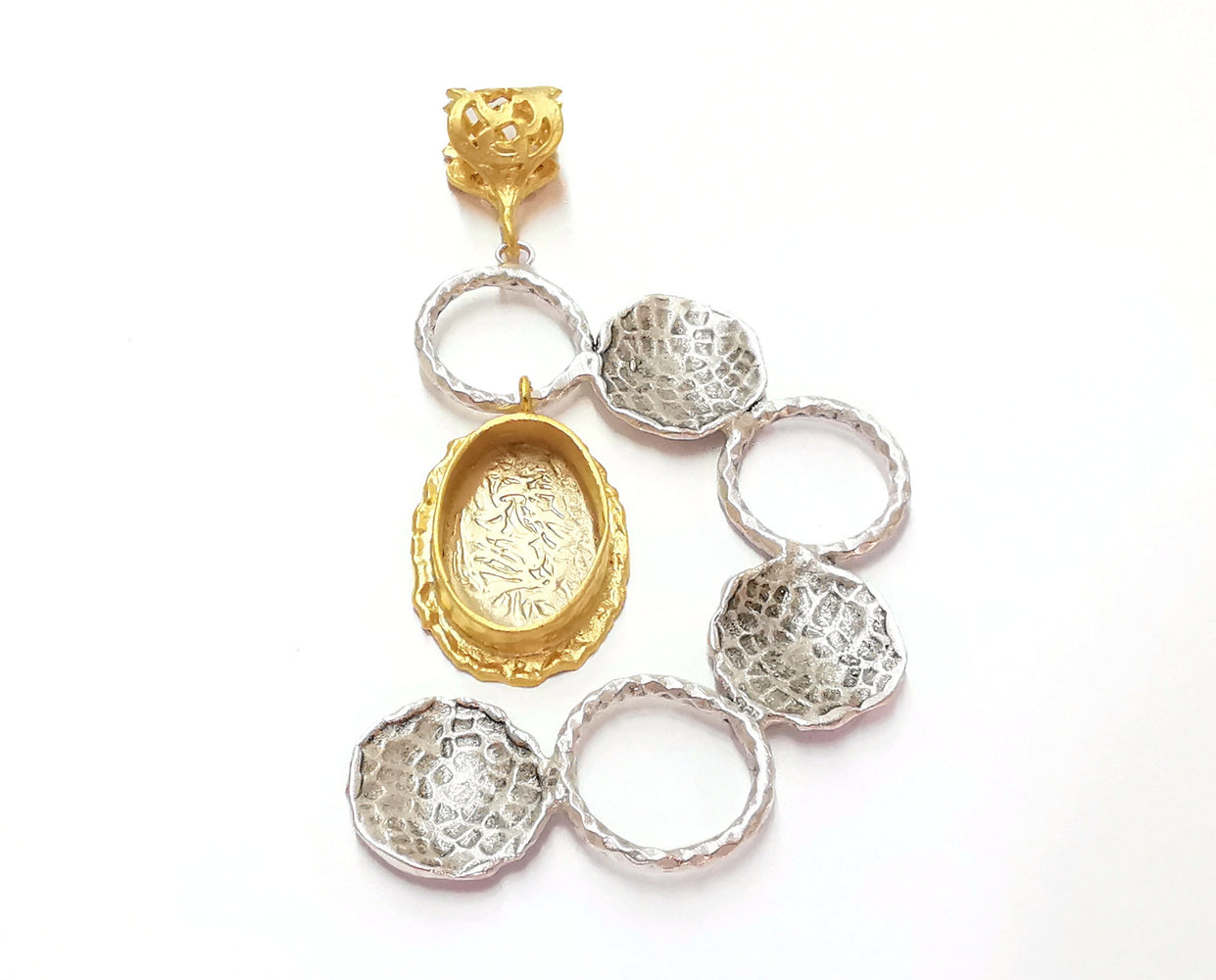 Hammered Pendant Blank Resin Bezel Mosaic Mountings Antique Silver and Gold Plated Brass (82x46mm)(19x13mm Bezel Size)  G26312