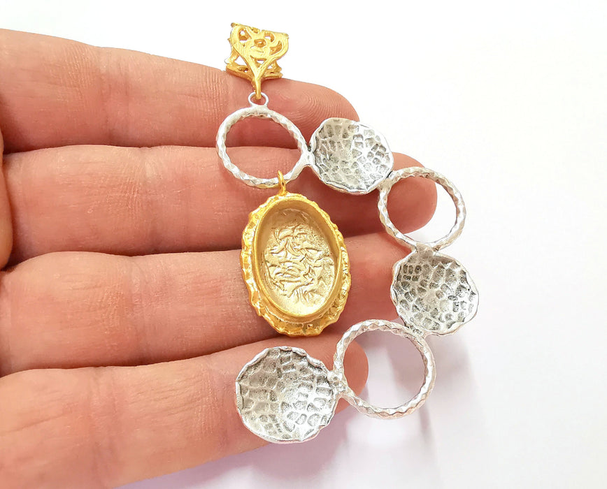 Hammered Pendant Blank Resin Bezel Mosaic Mountings Antique Silver and Gold Plated Brass (82x46mm)(19x13mm Bezel Size)  G26312