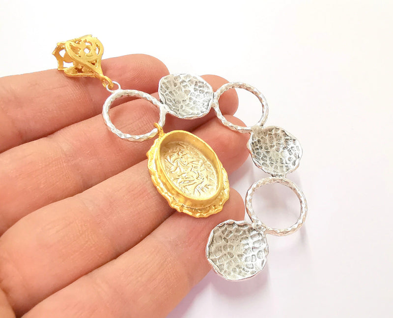 Hammered Pendant Blank Resin Bezel Mosaic Mountings Antique Silver and Gold Plated Brass (82x46mm)(19x13mm Bezel Size)  G26312