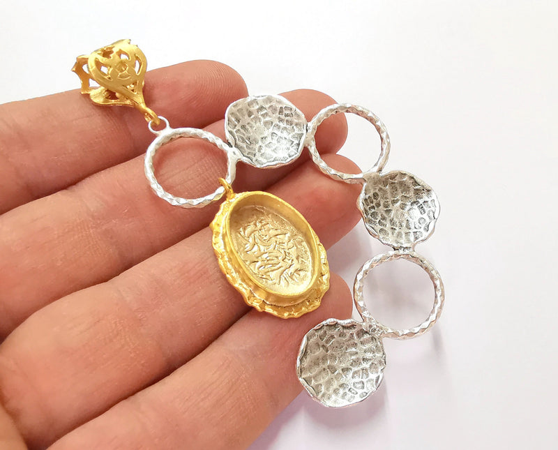 Hammered Pendant Blank Resin Bezel Mosaic Mountings Antique Silver and Gold Plated Brass (82x46mm)(19x13mm Bezel Size)  G26312
