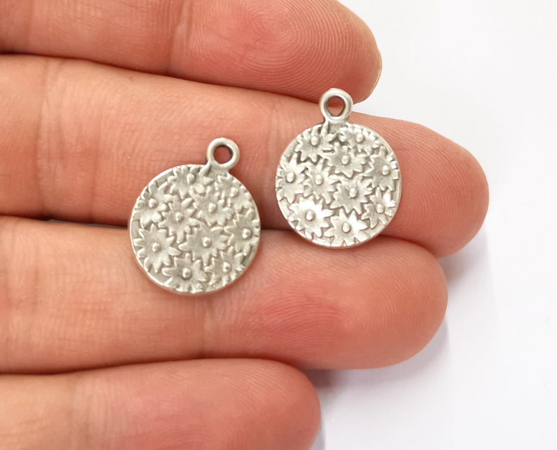 6 Flower Charms Antique Silver Plated Charms (20x16mm) G19584