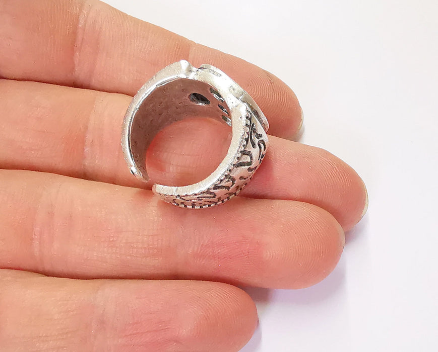 Silver Ring Setting Blank Cabochon Base Large Size Ring Mounting Adjustable Ring Base Bezel (15x14 mm) Antique Silver Plated Brass  G19991