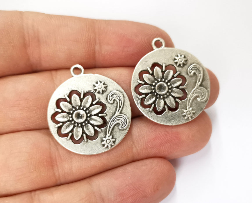 2 Flowers Charms Antique Silver Plated Charms (30x26mm)  G19589