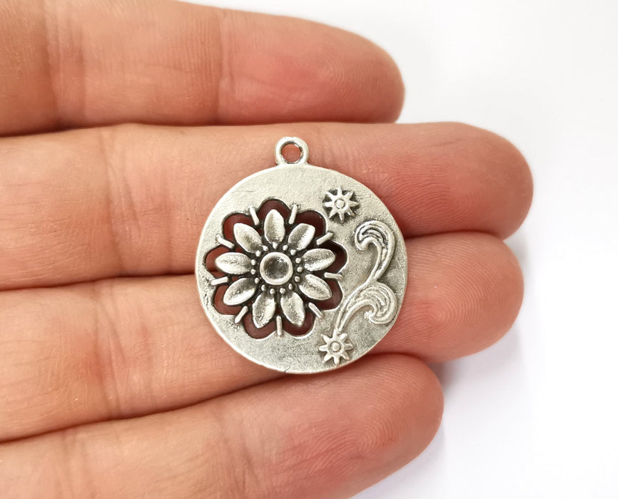 2 Flowers Charms Antique Silver Plated Charms (30x26mm)  G19589