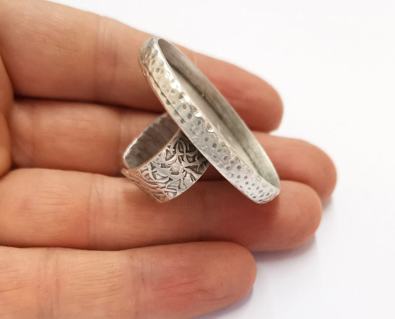 Ring Blank Setting Hammered Ring Base Bezel inlay Ring Backs Glass Cabochon Mounting Adjustable Antique Silver Plated Ring (40x30mm ) G19602