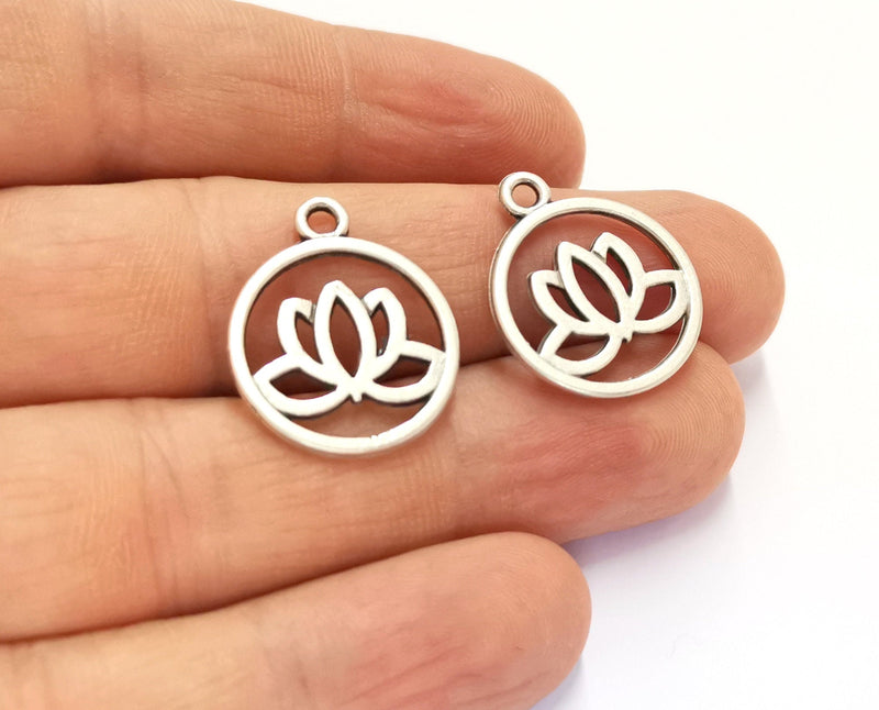 6 Lotus Charms Antique Silver Plated Charms (24x20mm)  G19606