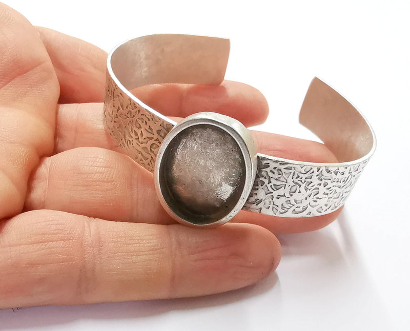 Bracelet Blank Resin Bangle Dry Flower inlay Blank Cuff Bezel Glass Cabochon Base Textured Adjustable Antique Silver (25x18mm ) G20051