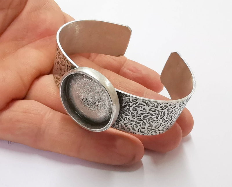 Bracelet Blank Resin Bangle Dry Flower inlay Blank Cuff Bezel Glass Cabochon Base Textured Adjustable Antique Silver (25mm ) G20054