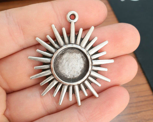 Sun Charms Blank Bezel Resin Bezel Mosaic Mountings Antique Silver Plated Charms (45x41mm)( 16 mm Bezel Inner Size)  G19692