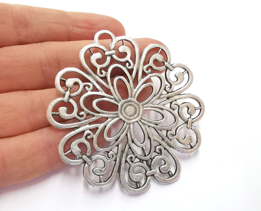 Flower Silver Pendant Antique Silver Plated Pendant (68x65mm)  G20668