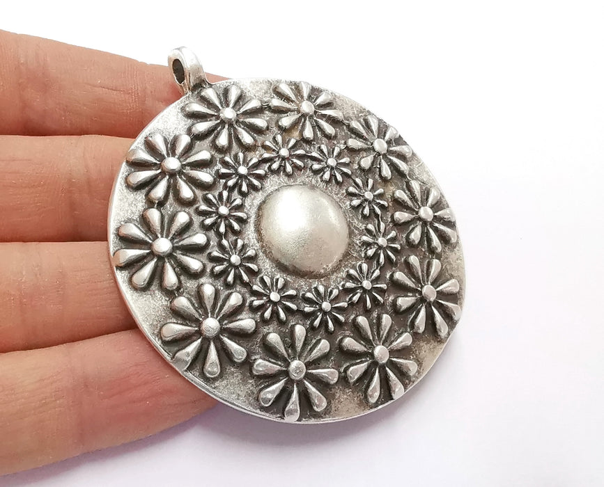 Flower Silver Pendant Antique Silver Plated Pendant (74x62mm)  G24399