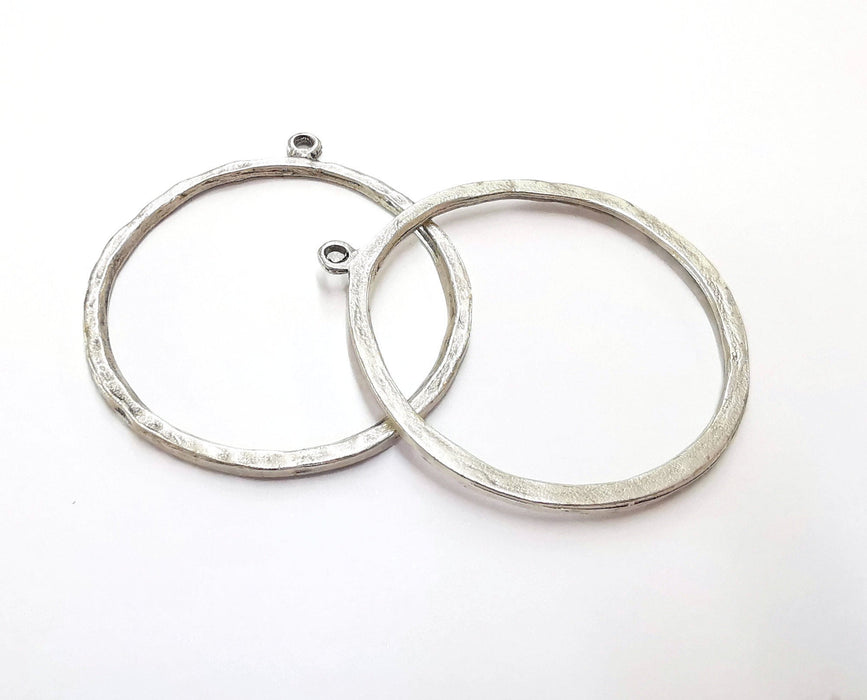 2 Hammered Circle Silver Pendant Antique Silver Plated Pendant (57x50mm)  G24100