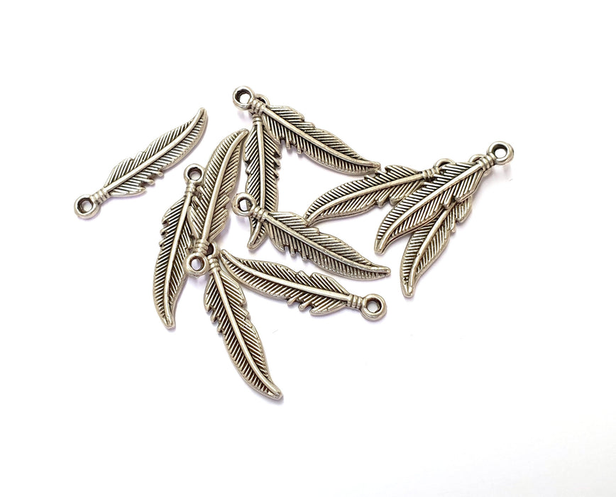 10 Feather Charms Antique Silver Plated Charms (27x6mm)  G19771