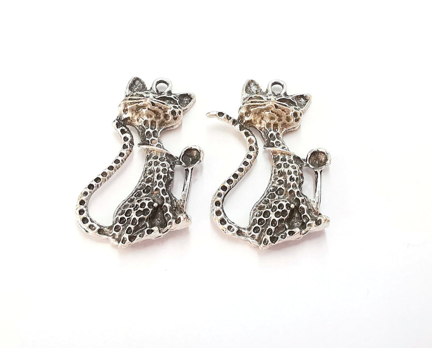 2 Cat Charms Antique Silver Plated Charms (45x30mm)  G20216