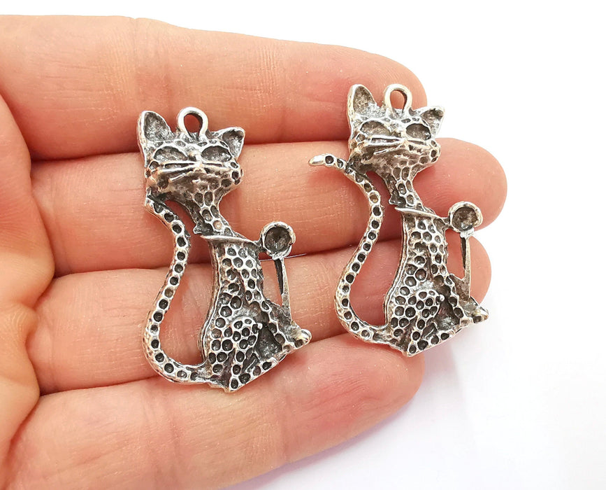 2 Cat Charms Antique Silver Plated Charms (45x30mm)  G20216