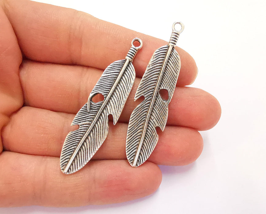 2 Feather Charm Antique Silver Plated Charms (57x14 mm)  G20238