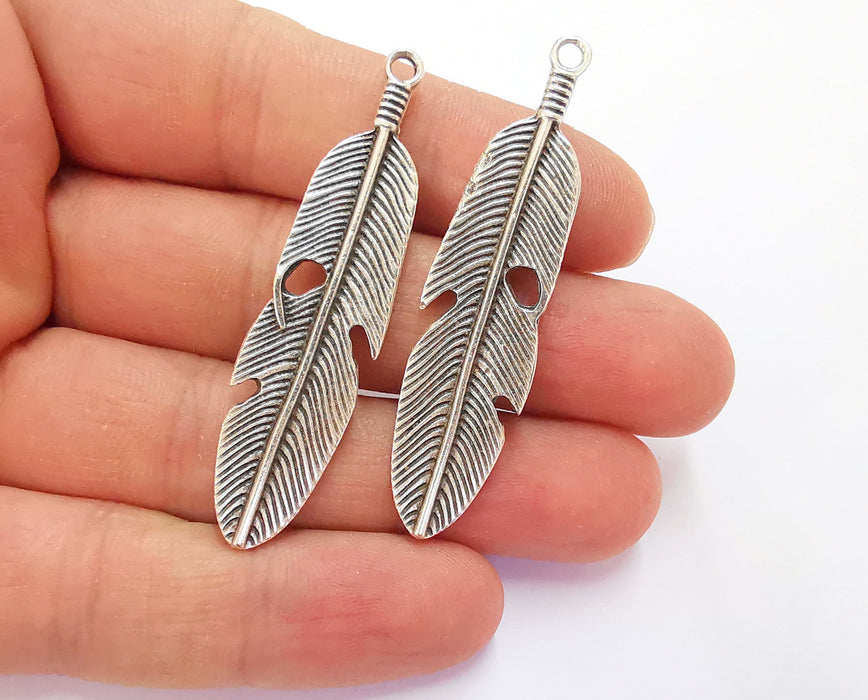 2 Feather Charm Antique Silver Plated Charms (57x14 mm)  G20238