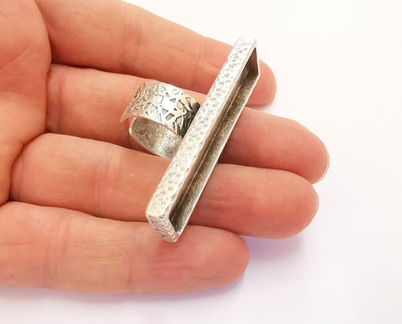 Ring Blank Setting Hammered Ring Base Bezel inlay Ring Backs Glass Cabochon Mounting Adjustable Antique Silver Plated Ring (50x10mm ) G23946