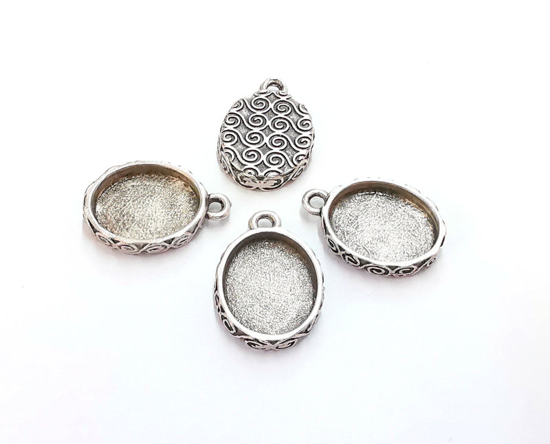 4 Silver Charms Blank Bezel Resin Bezel Mosaic Mountings Antique Silver Plated Charms (21x15mm)( 15x12 mm Bezel Inner Size)  G20259