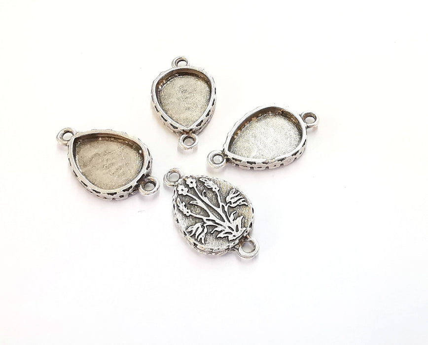 4 Flower Drop Connector Blank Bezel Resin Bezel Mosaic Mountings Antique Silver Plated Charms (26x15mm)( 16x12 mm Bezel Inner Size)  G20260