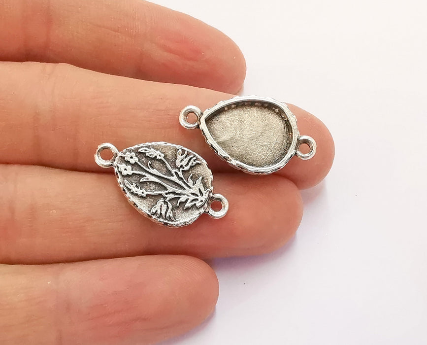 4 Flower Drop Connector Blank Bezel Resin Bezel Mosaic Mountings Antique Silver Plated Charms (26x15mm)( 16x12 mm Bezel Inner Size)  G20260