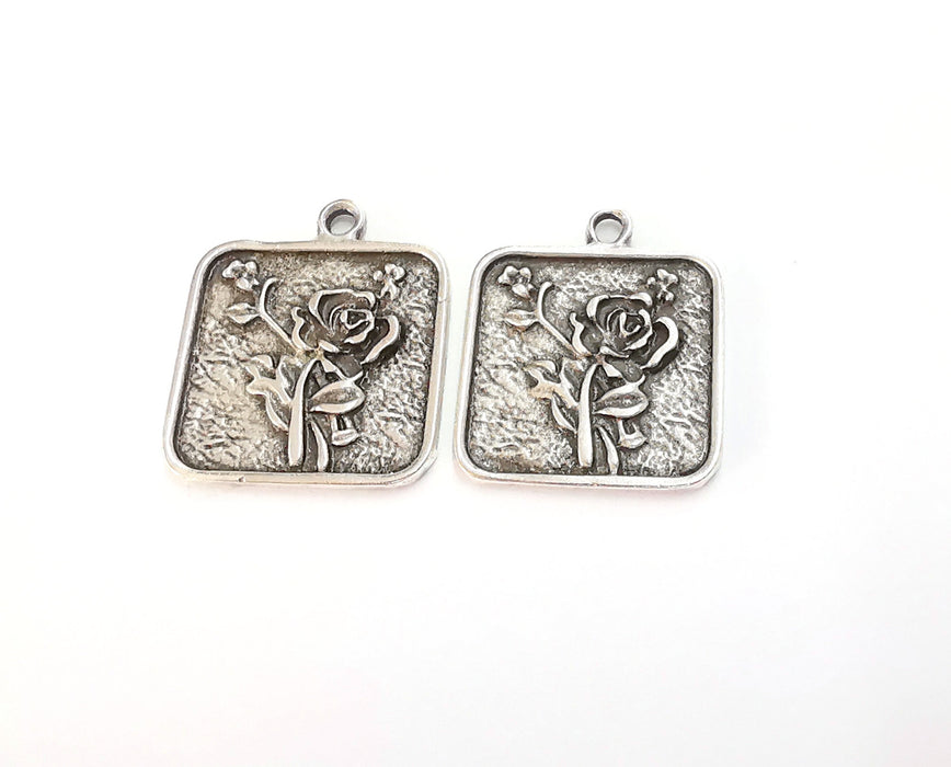 2 Rose Charms Antique Silver Plated Charms (26x22mm)  G24741