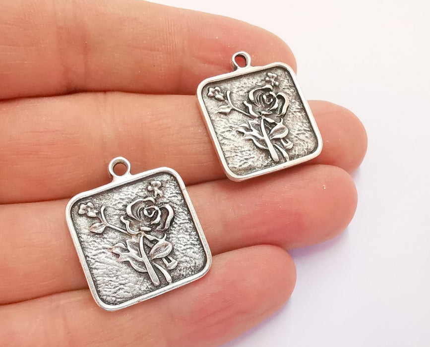 2 Rose Charms Antique Silver Plated Charms (26x22mm)  G24741