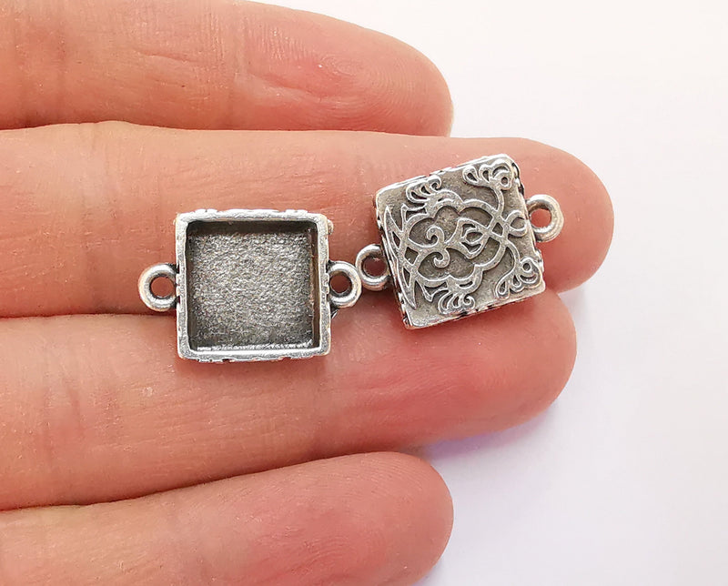 4 Flower Connector Blank Bezel Resin Bezel Mosaic Mountings Antique Silver Plated Charms (21x15mm)( 12x12 mm Bezel Inner Size)  G20272