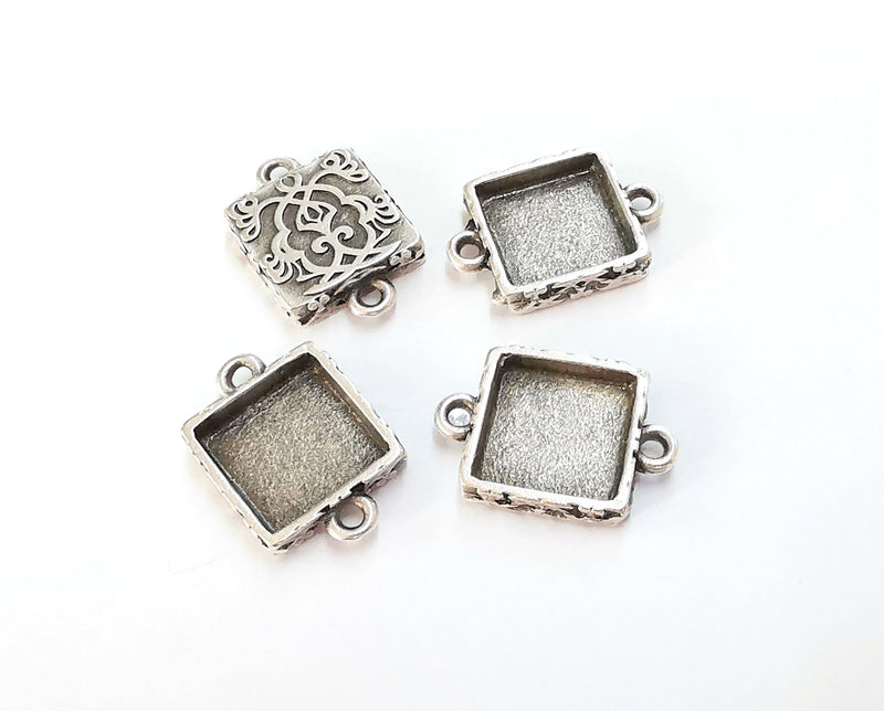 4 Flower Connector Blank Bezel Resin Bezel Mosaic Mountings Antique Silver Plated Charms (21x15mm)( 12x12 mm Bezel Inner Size)  G20272