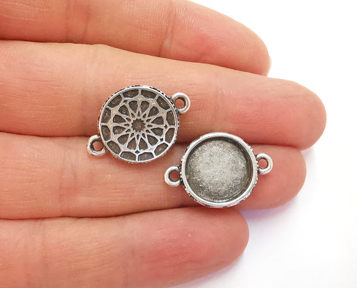 4 Flower Connector Blank Bezel Resin Bezel Mosaic Mountings Antique Silver Plated Charms (23x16mm)( 14 mm Bezel Inner Size)  G20274