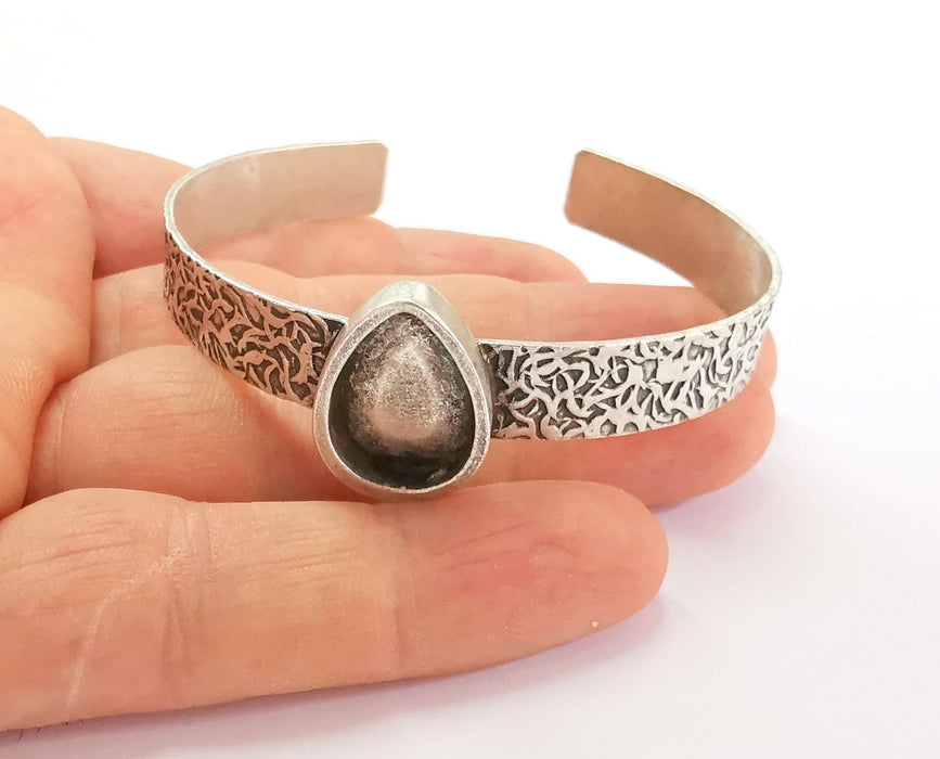 Bracelet Blank Resin Bangle Dry Flower inlay Blank Cuff Bezel Glass Cabochon Base Textured Adjustable Antique Silver (18x13mm ) G19849