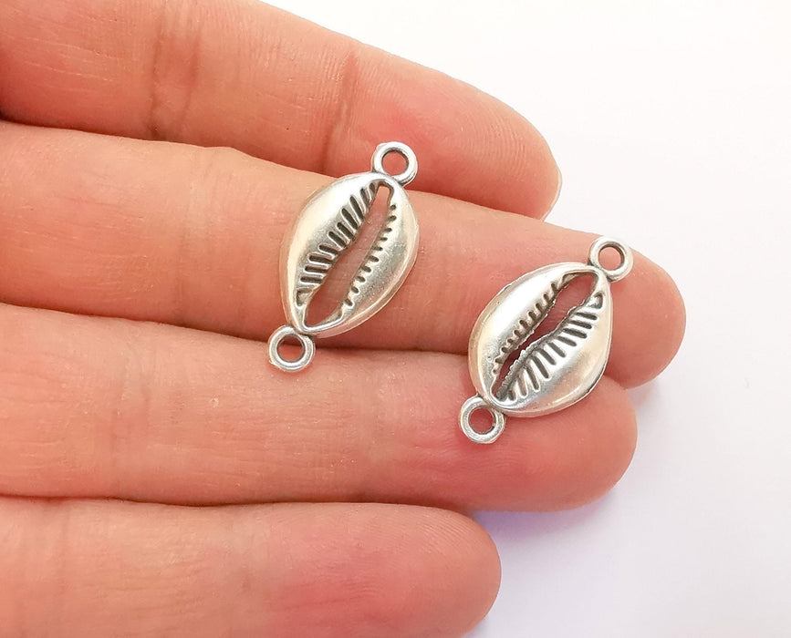 10 Cowrie Shell Charms Connector Silver Charms Antique Silver Plated Metal (27x14mm) G24956