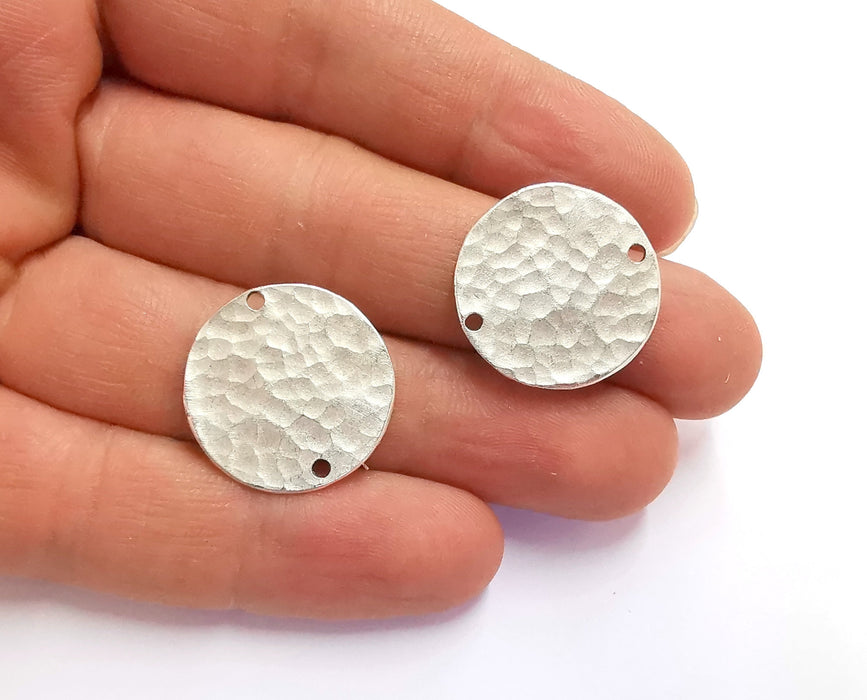 2 Hammered Circle Connector Charms Round Charms Antique Silver Plated Brass Charms  (25 mm)  G20355