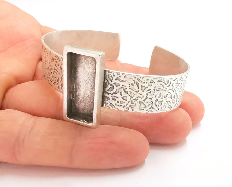 Bracelet Blank Resin Bangle Dry Flower inlay Blank Cuff Bezel Glass Cabochon Base Textured Adjustable Antique Silver (25x10mm ) G19869