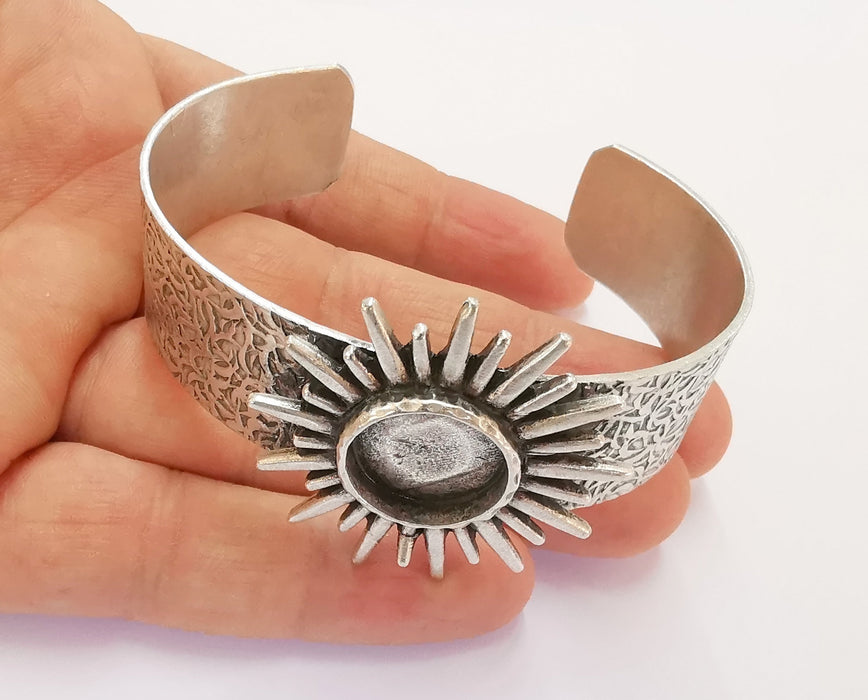 Sun Bracelet Blank Resin Bangle Dry Flower inlay Blank Cuff Bezel Glass Cabochon Base Textured Adjustable Antique Silver (16mm ) G20383