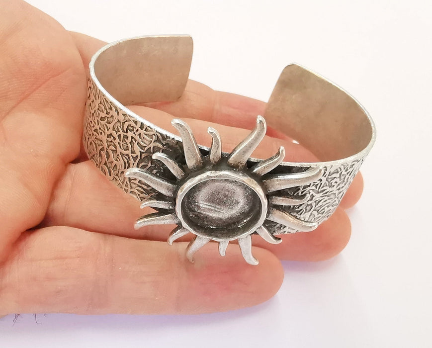 Sun Bracelet Blank Resin Bangle Dry Flower inlay Blank Cuff Bezel Glass Cabochon Base Textured Adjustable Antique Silver (16mm ) G20387