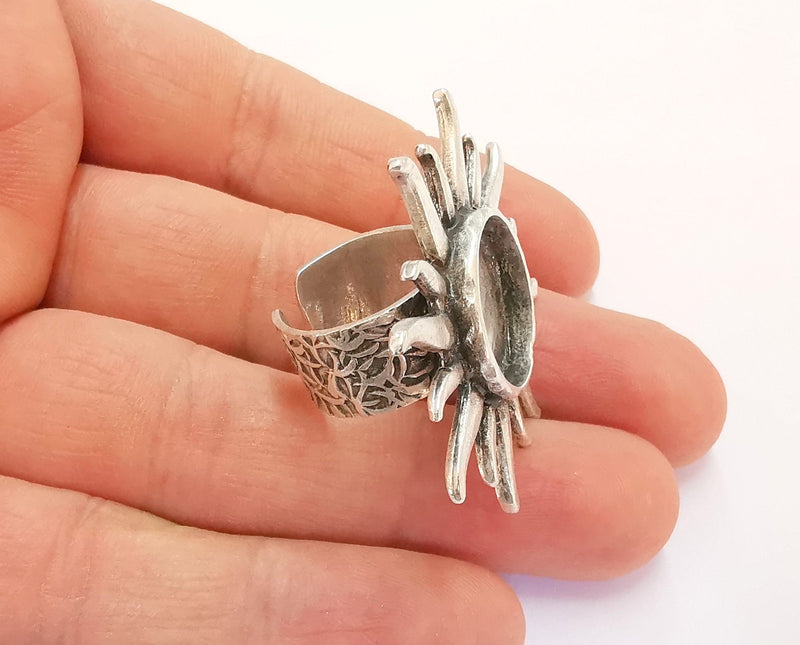 Sun Ring Blank Setting Textured Base Bezel inlay Ring Backs Glass abochon Mounting Adjustable Antique Silver Plated (16mm bezel ) G20390