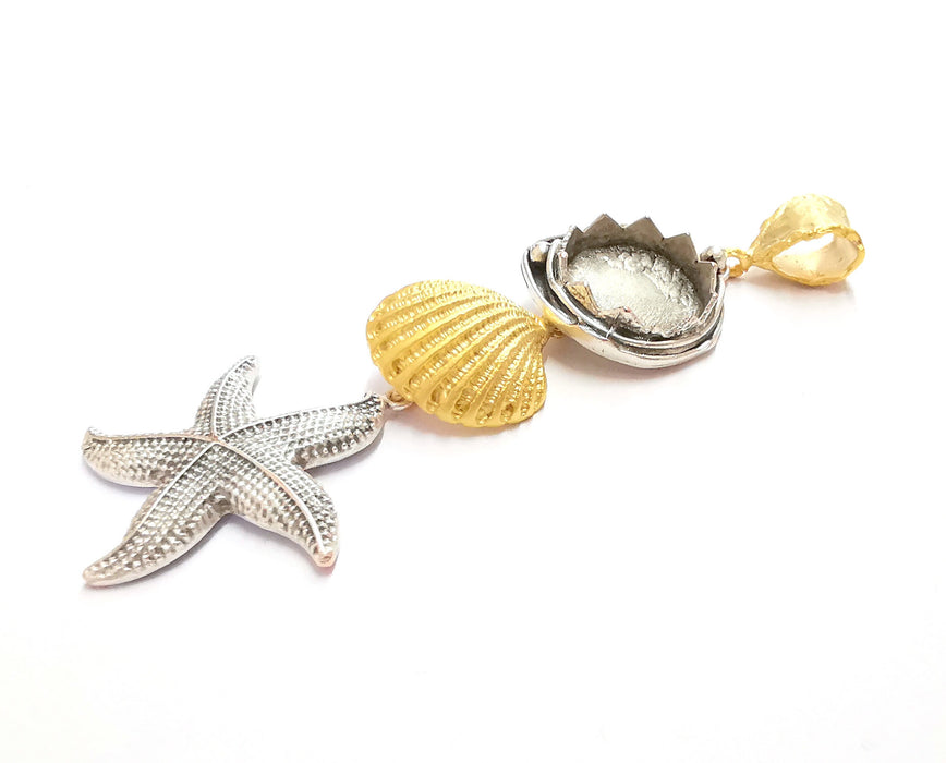 Starfish Sea Shell Pendant Blank Resin Bezel Mosaic Mountings Antique Silver and Gold Plated Brass (90x30mm)( 16mm Bezel Inner Size)  G19877