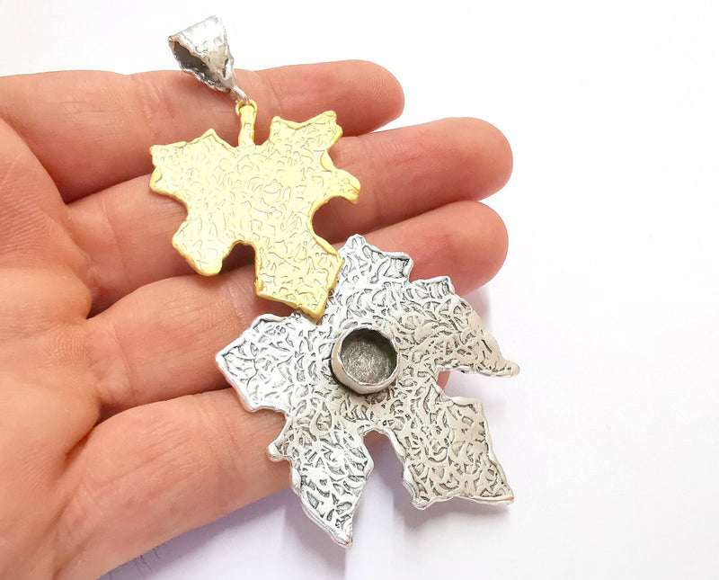 Leaf Pendant Blank Resin Bezel Mosaic Mountings Antique Silver and Gold Plated Brass (103x45mm)( 9mm Bezel Inner Size)  G19879