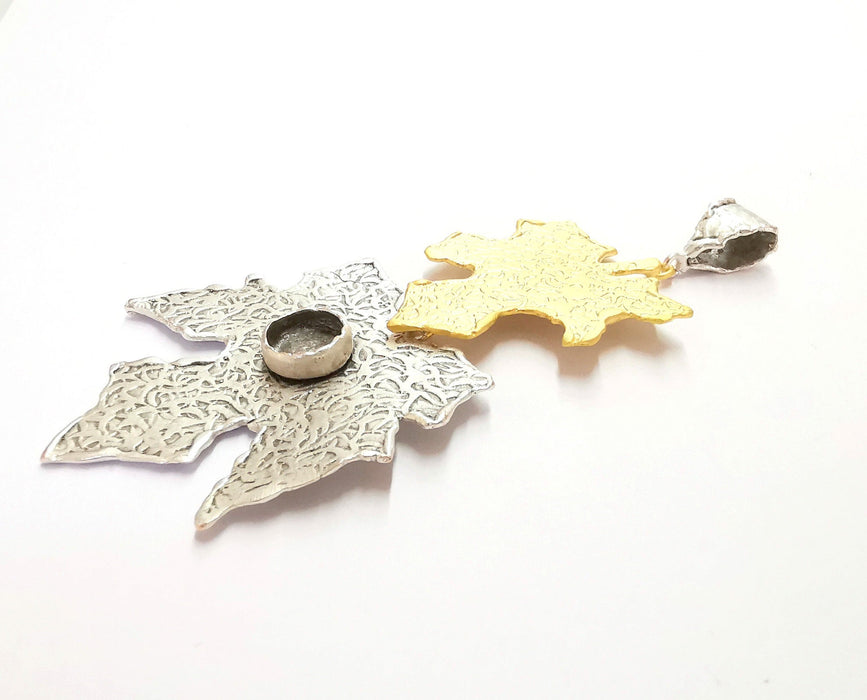 Leaf Pendant Blank Resin Bezel Mosaic Mountings Antique Silver and Gold Plated Brass (103x45mm)( 9mm Bezel Inner Size)  G19879