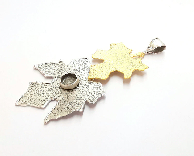 Leaf Pendant Blank Resin Bezel Mosaic Mountings Antique Silver and Gold Plated Brass (103x45mm)( 9mm Bezel Inner Size)  G19879