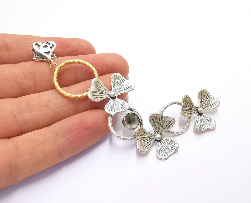 Flowers Pendant Blank Resin Bezel Mosaic Mountings Antique Silver and Gold Plated Brass (104x40mm)( 7mm Bezel Inner Size)  G19880