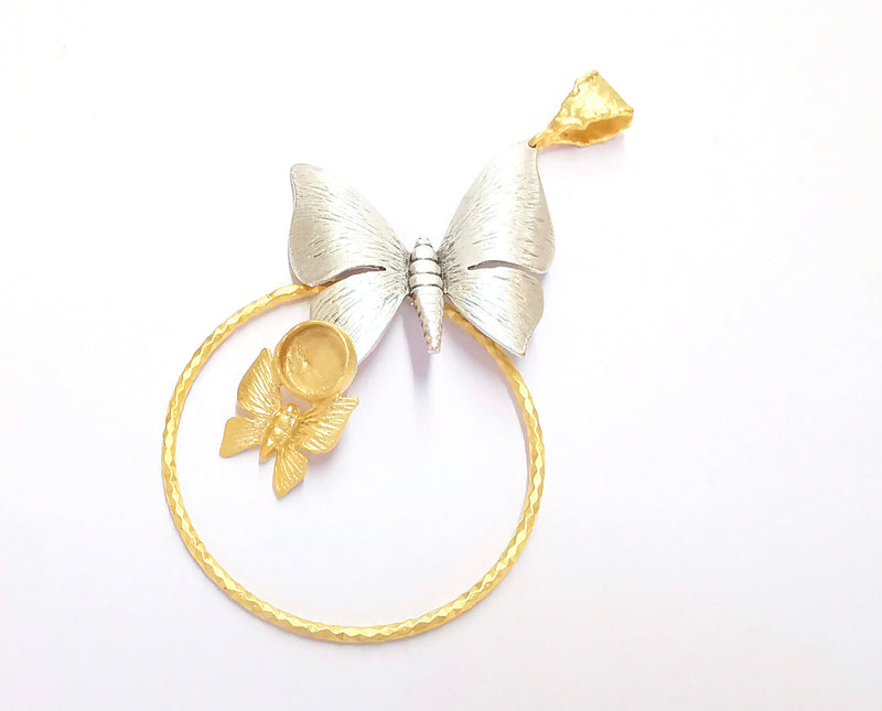 Butterflies Pendant Blank Resin Bezel Mosaic Mountings Antique Silver and Gold Plated Brass (100x53mm)( 10mm Bezel Inner Size)  G19881