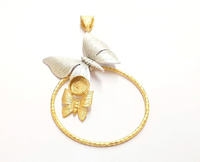 Butterflies Pendant Blank Resin Bezel Mosaic Mountings Antique Silver and Gold Plated Brass (100x53mm)( 10mm Bezel Inner Size)  G19881