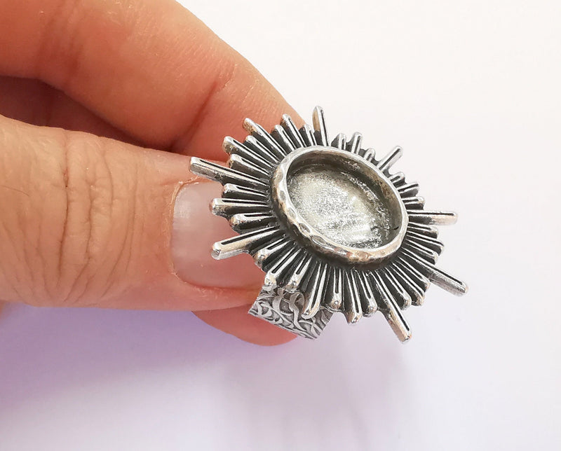 Sun Ring Blank Setting Textured Base Bezel inlay Ring Backs Glass Cabochon Mounting Adjustable Antique Silver Plated (16mm bezel ) G22056