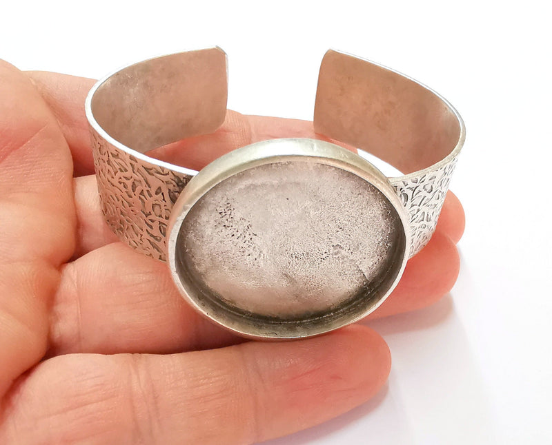Bracelet Blank Resin Bangle Dry Flower inlay Blank Cuff Bezel Glass Cabochon Base Textured Adjustable Antique Silver (35mm ) G19900