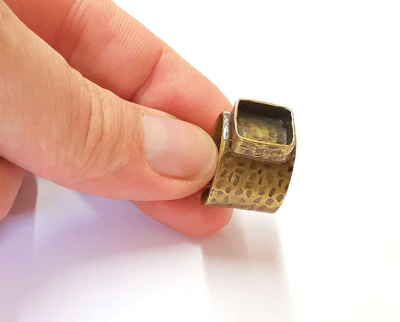 Hammered Ring Blank Setting Cabochon Base inlay Ring Backs Mounting Adjustable Ring Bezel (10x10mm blank) Antique Bronze Plated G19906