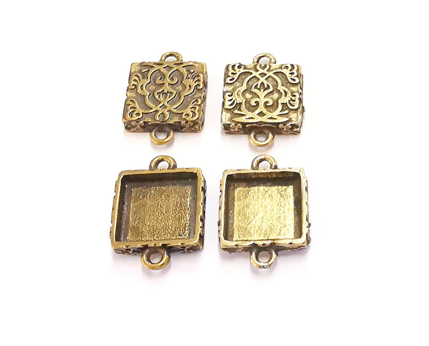 4 Flower Connector Blank Bezel Resin Bezel Mosaic Mountings Antique Bronze Plated Charms (21x15mm)( 12x12 mm Bezel Inner Size)  G20440