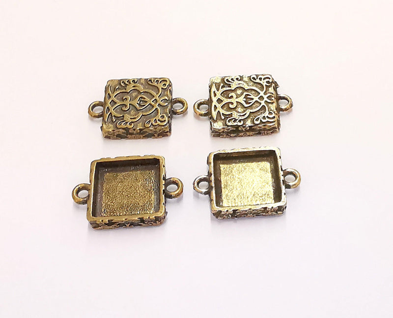 4 Flower Connector Blank Bezel Resin Bezel Mosaic Mountings Antique Bronze Plated Charms (21x15mm)( 12x12 mm Bezel Inner Size)  G20440